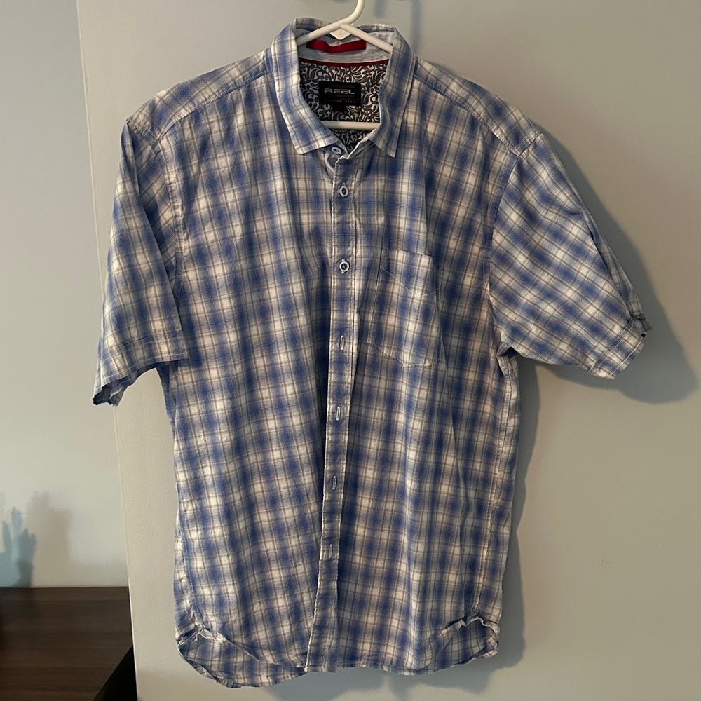 Men's Blue and White Plaid Cotton Button Down Shirt Large